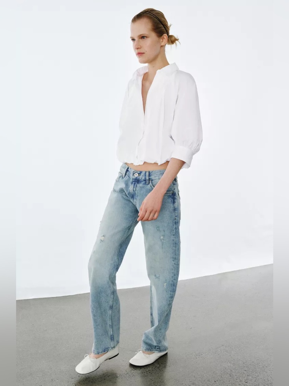 Zara White Puff-Sleeve Cropped Button-Down Shirt. POP